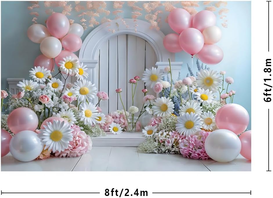 Thumbnail 2 de MEHOFOND 8x6ft Pink Girl Floral Backdrop (Daisies) for Cake Smash, Baby Showers & Photo Setups
