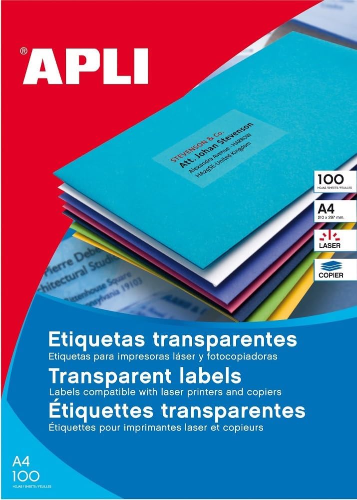 APLI 11919 – przezroczyste etykiety samoprzylepne z poliestru, 100 arkuszy