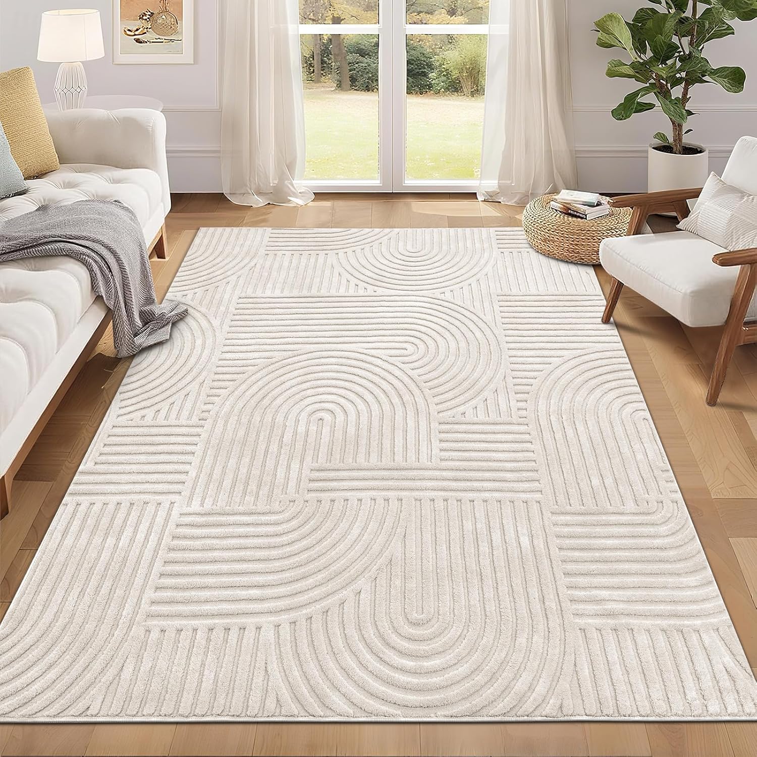 Detalle de Pauwer 5x7 Washable Area Rug — Soft Vintage Boho, Non-Slip, High-Low Pile for Busy Homes
