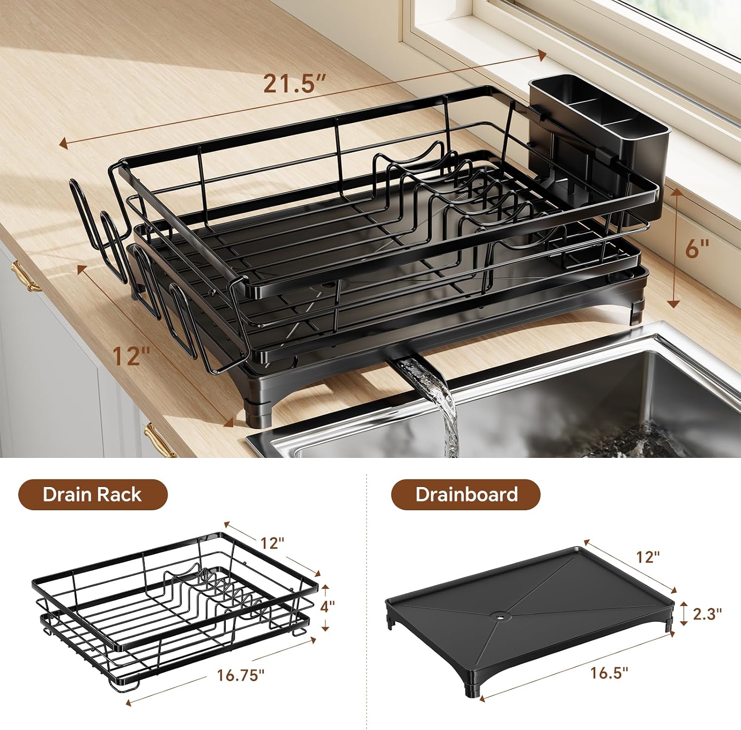 Detalle de Simple Trending Countertop Dish Drainer in Black (Large, 21.5" L) with Utensil Holder and Cup Hooks