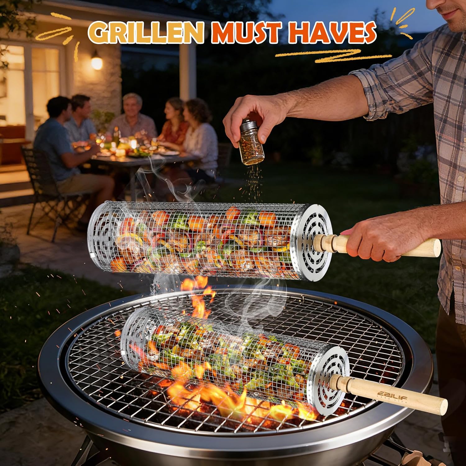 Thumbnail 4 de Ezilif rullande grillkorg i 304 rostfritt stål med avtagbart trähandtag