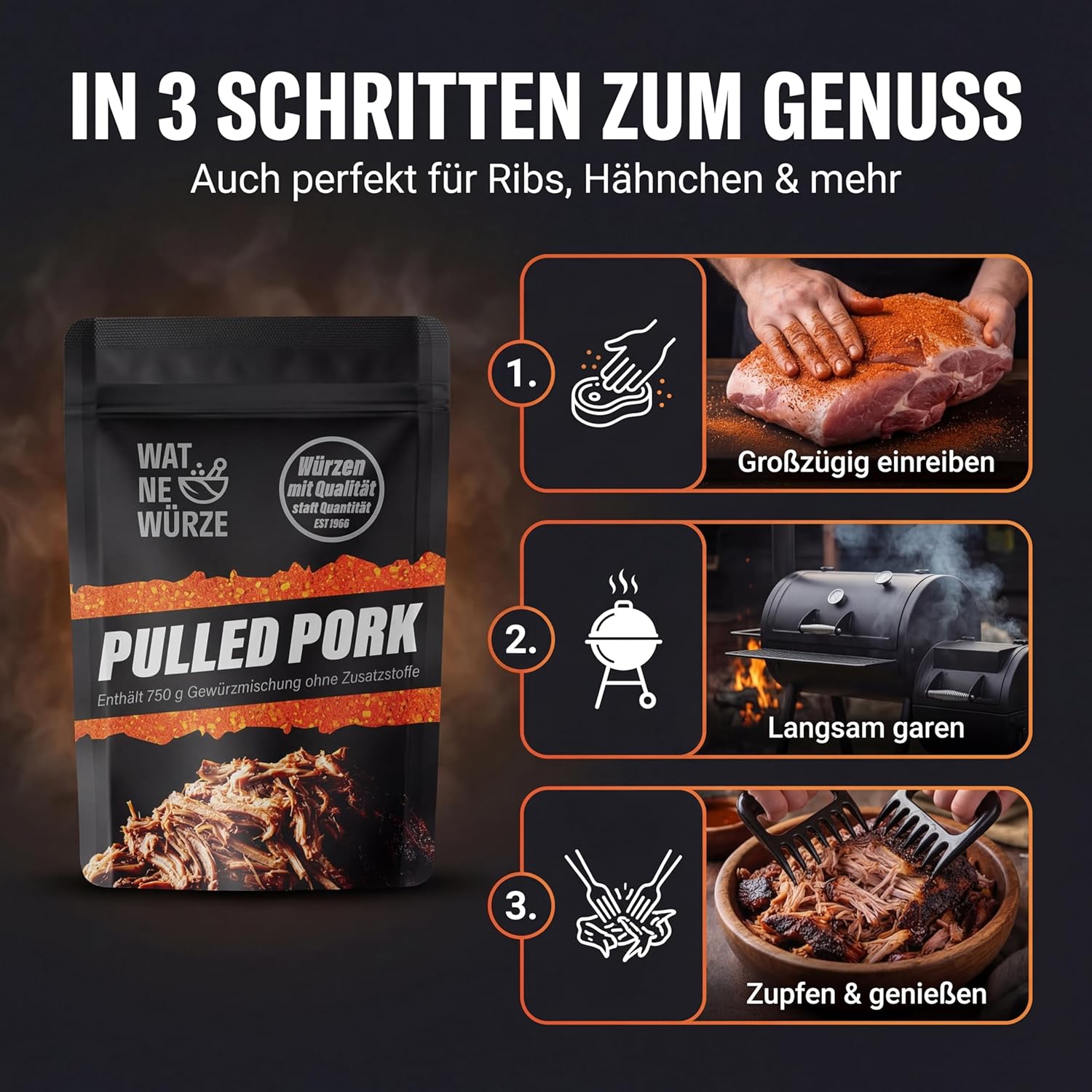 Detalle de WAT NE WÜRZE Pulled Pork Rub Gewürzmischung 750 g – BBQ Gewürz für Pulled Pork aus Schweineschulter oder Schweinenacken