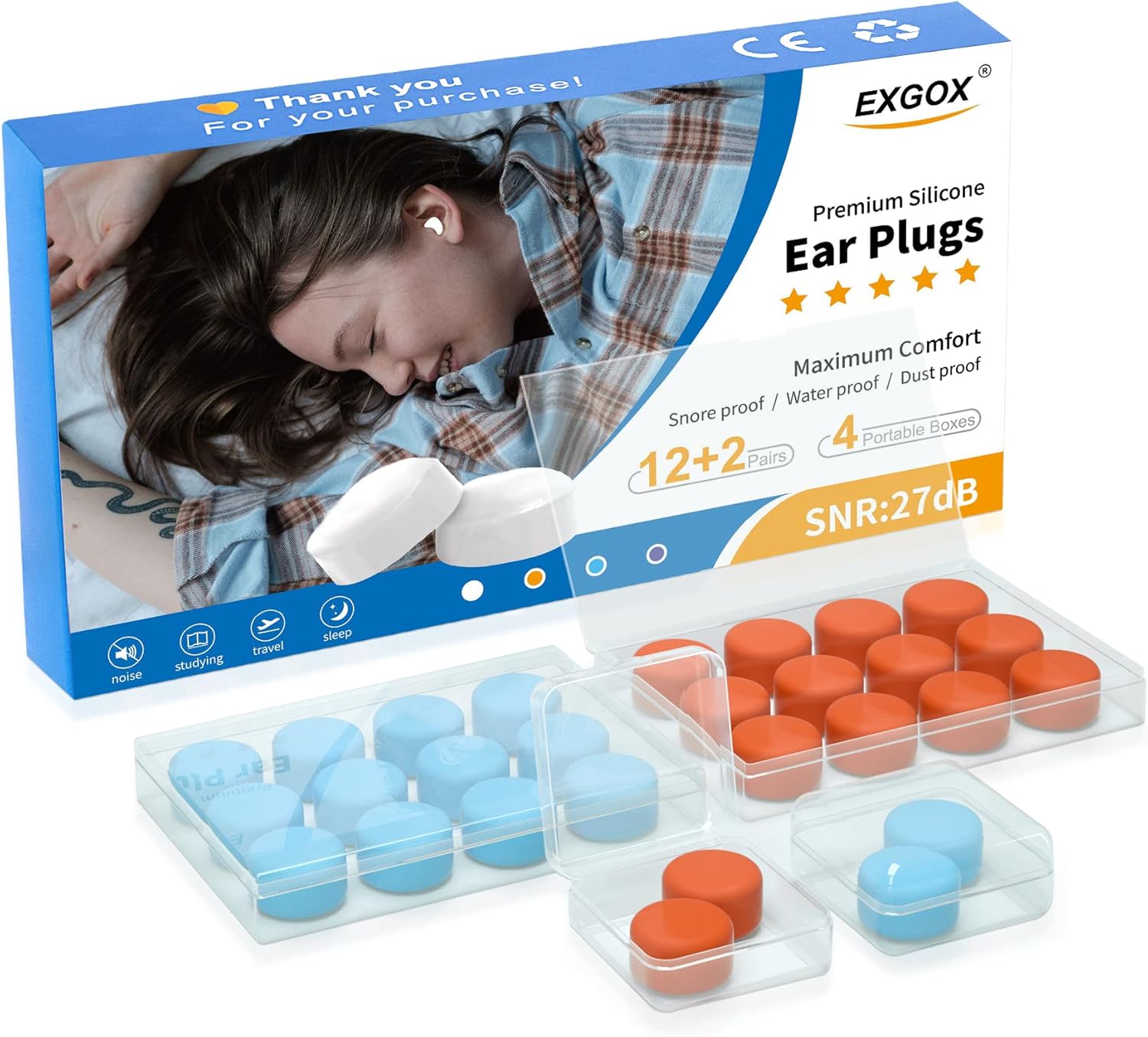 Detalle de EXGOX 14 Pairs silicone ear plugs SNR27 dB for sleep