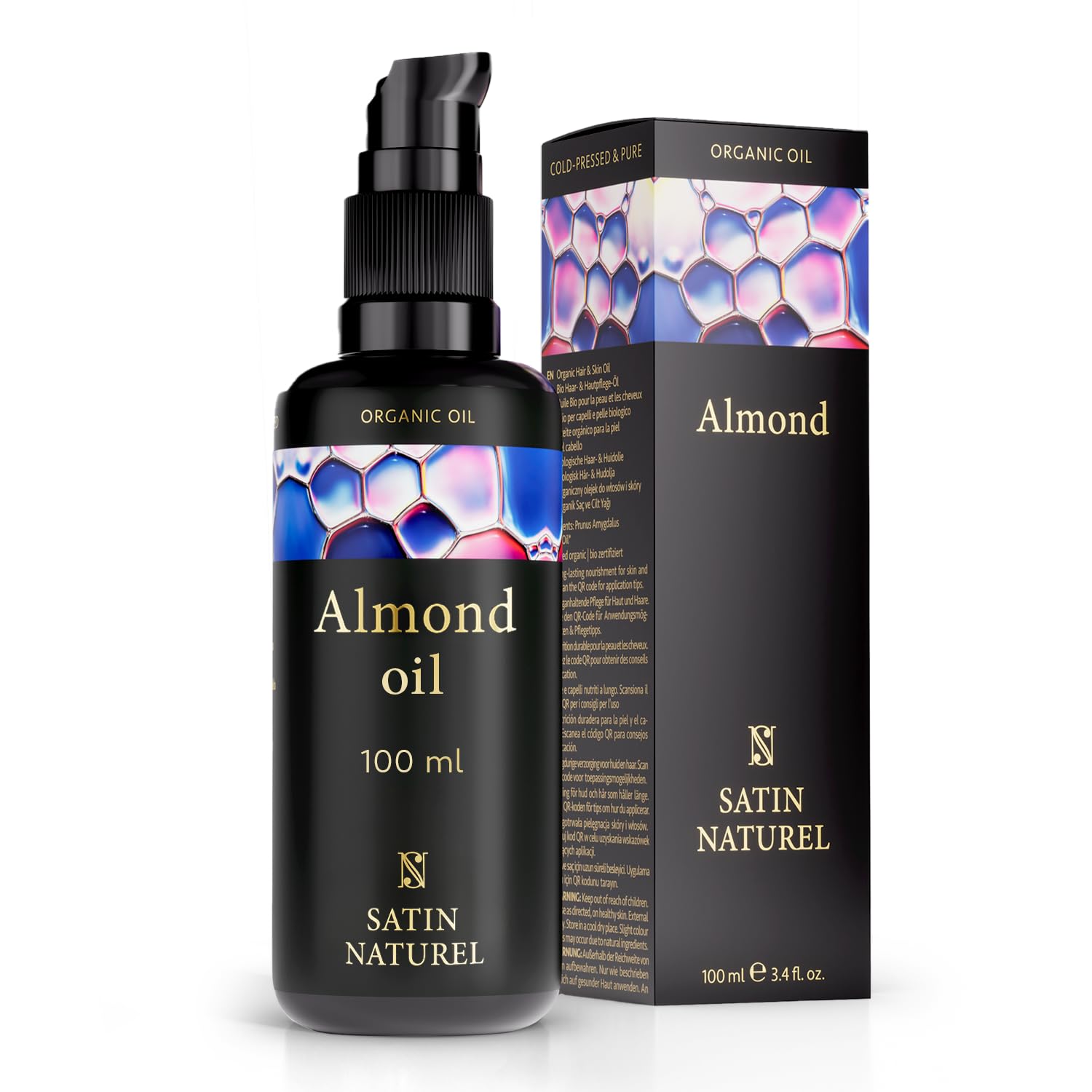 Detalle de Satin Naturel Mandelöl BIO kaltgepresst naturrein (100 ml) – 100% Süßes Mandelöl für Haar, Haut & Massage