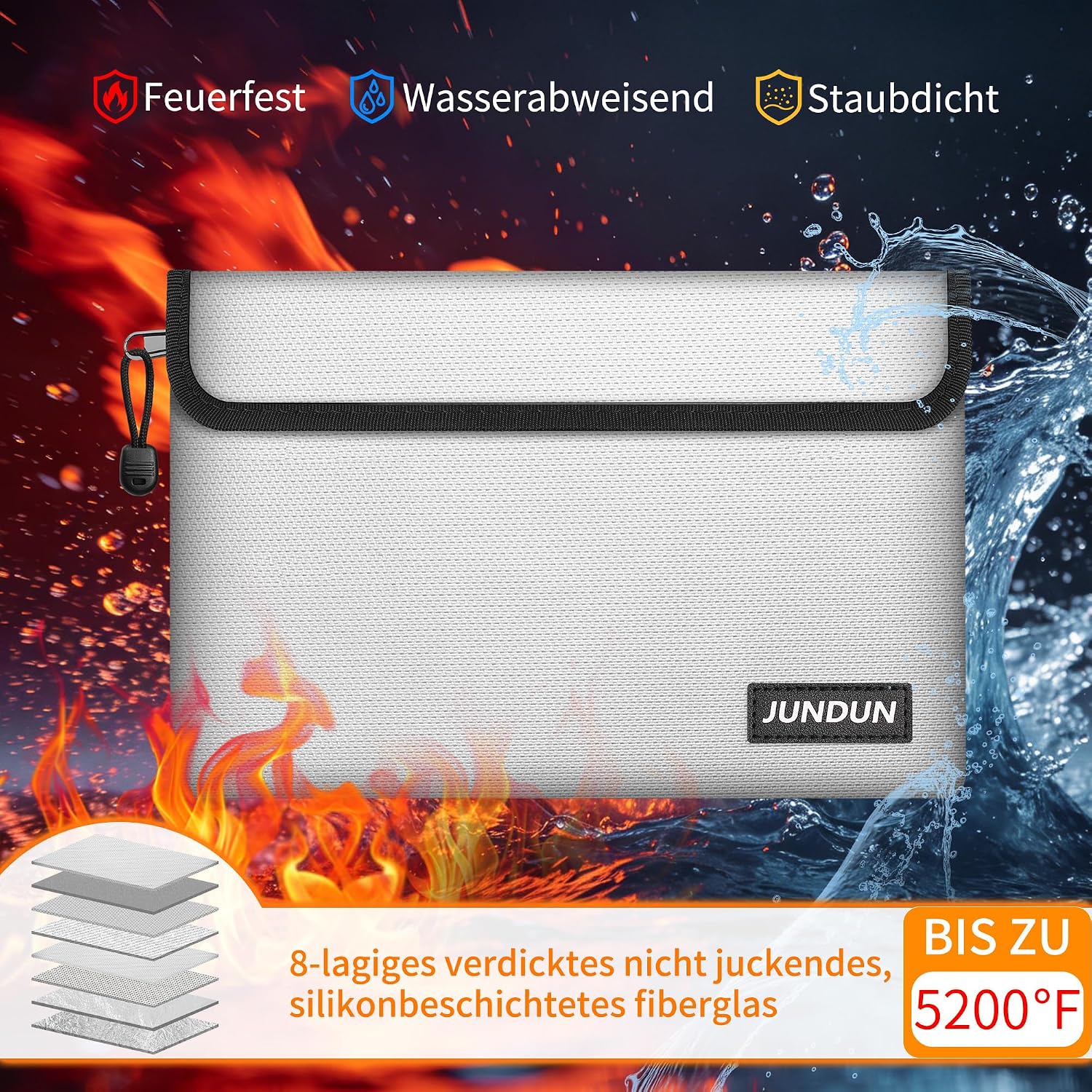 Detalle 2 de JUNDUN Feuerfeste Dokumententasche 27 x 17 cm – 8-lagig, wasserdicht & feuerfest (Silbern)