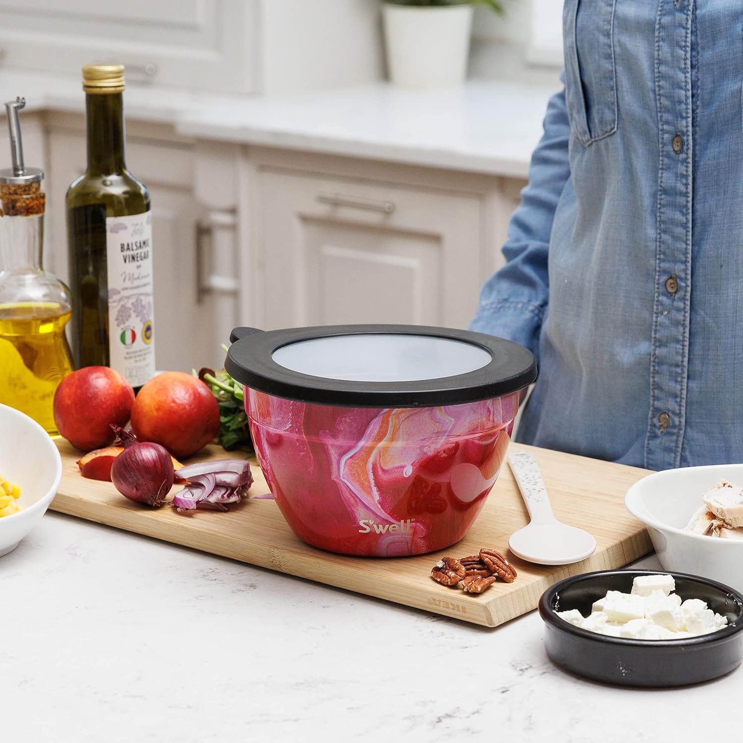 Detalle de S'well Rose Agate Salad Bowl Kit, 1.9L Stainless Steel with Removable Tray
