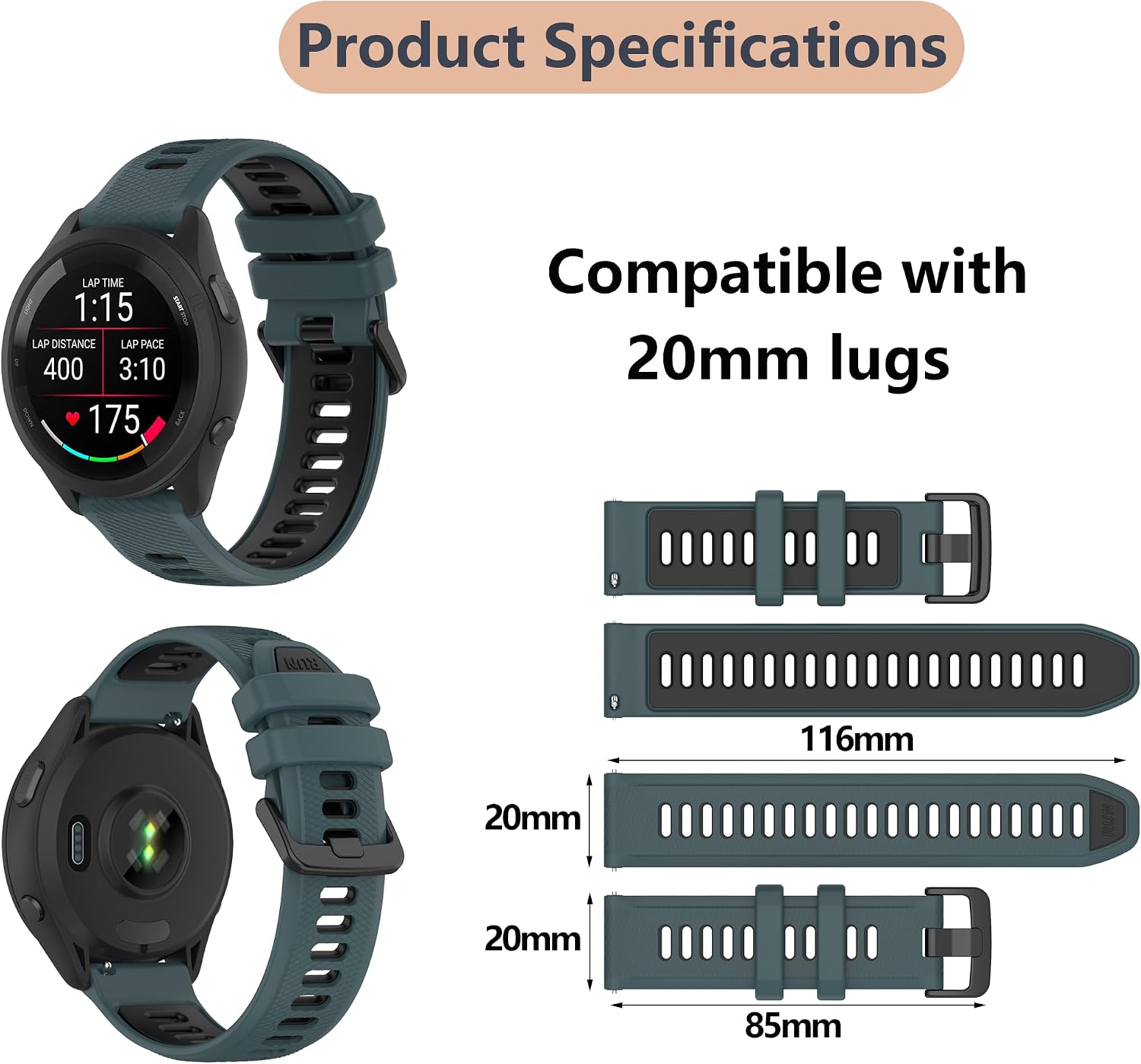 Detalle 1 de MELEJIA Silicone Strap for Garmin 18–22mm
