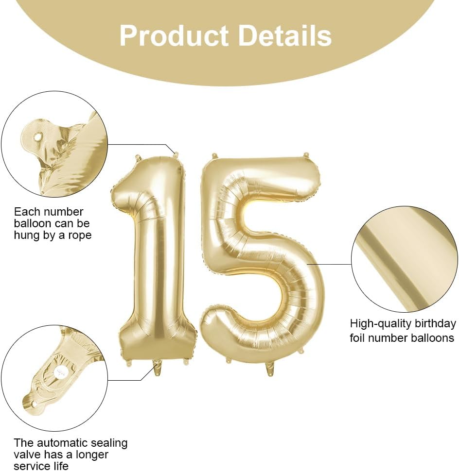 Thumbnail 2 de OFFCUP Gold Number 15 Balloons – 40 Inch Large Foil Numerals (1 & 5) for Birthday Parties