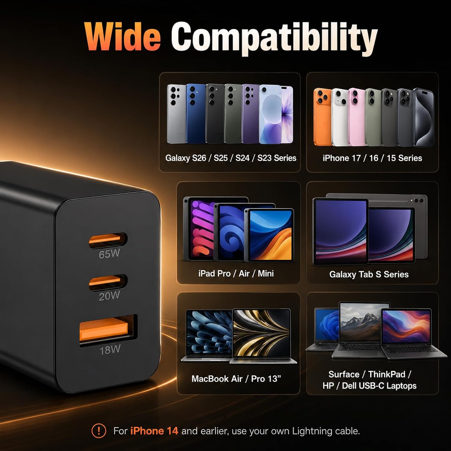 Thumbnail 2 de 65W GaN USB-C Charger with 3 Ports for Samsung Galaxy Series and More