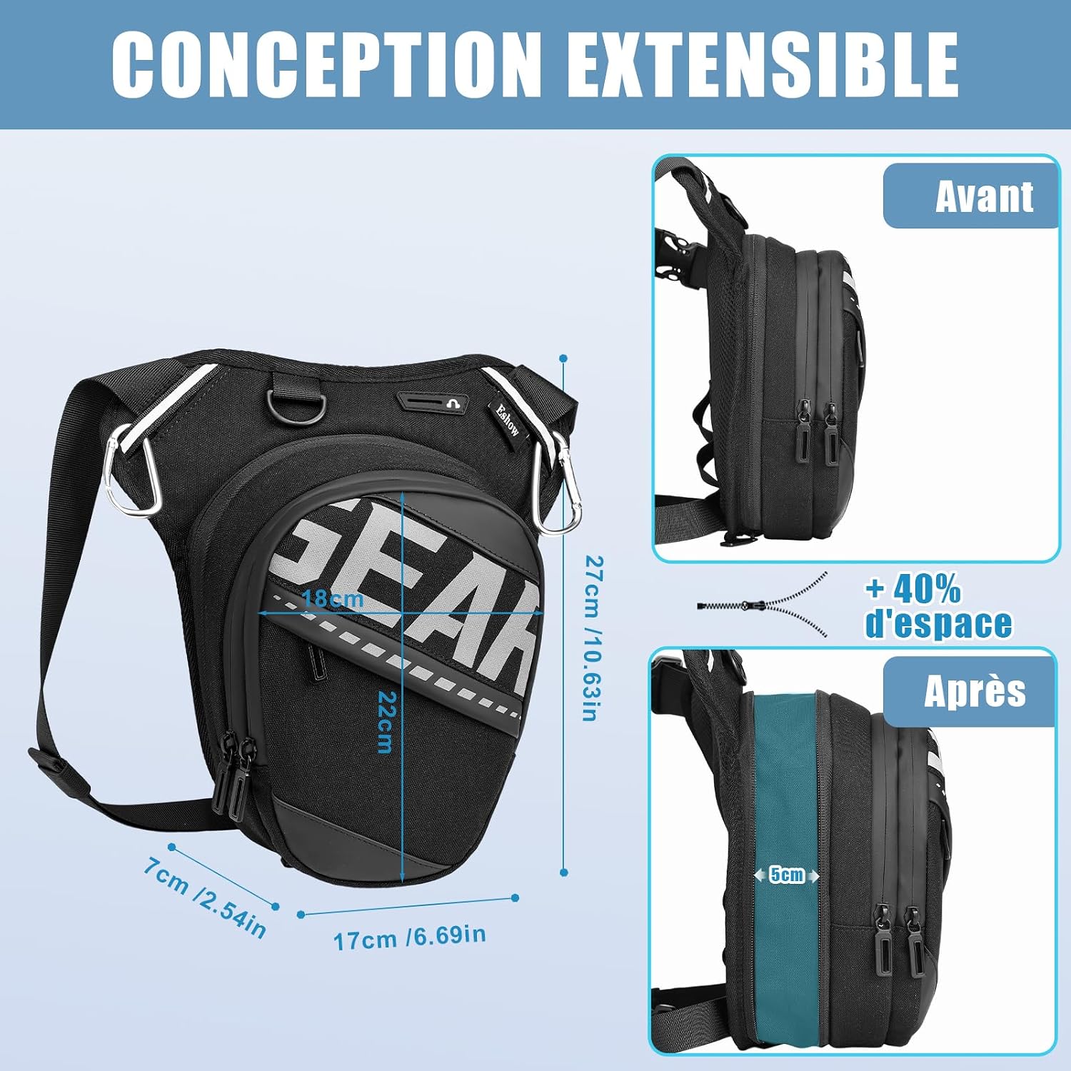 Detalle de Eshow Sacoche de Jambe Moto Extensible – Bretture polyvalente et réfléchissante, avec 1 clip gourde et 2 mousquetons