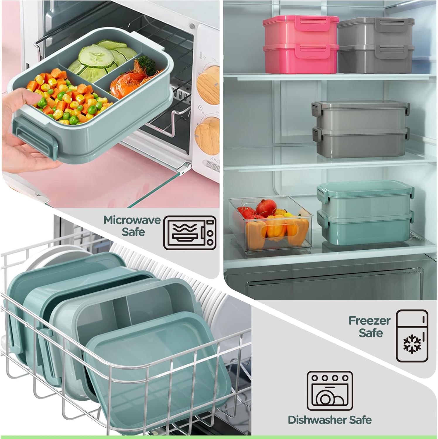 Detalle de WayEee lunchbox voor volwassenen, 2130 ml, 3 vakken, lekbestendig, groen
