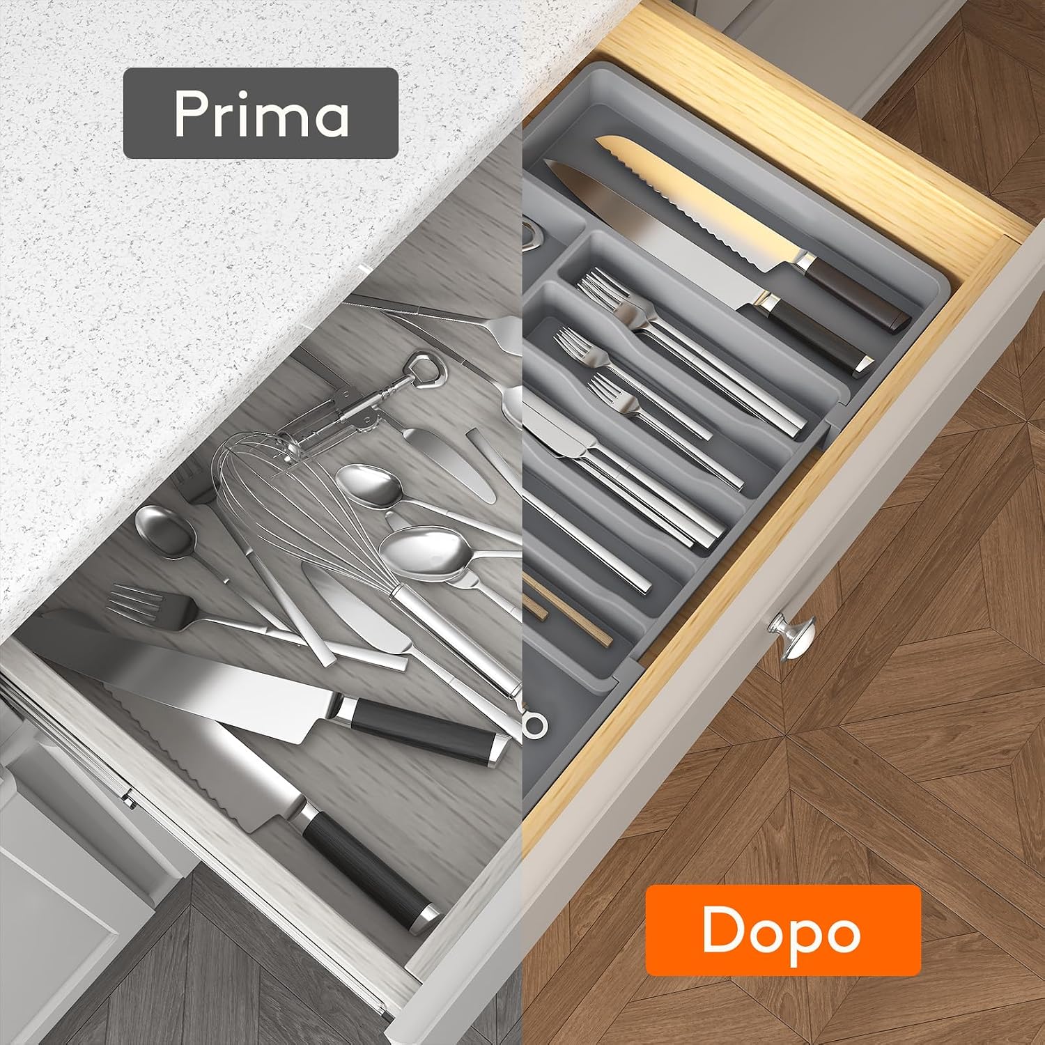 Thumbnail 5 de Lifewit Portaposate da Cassetto espandibile – Organizer cucina con 8 scomparti, regolabile 33–56,9 cm, PP senza BPA, grigio