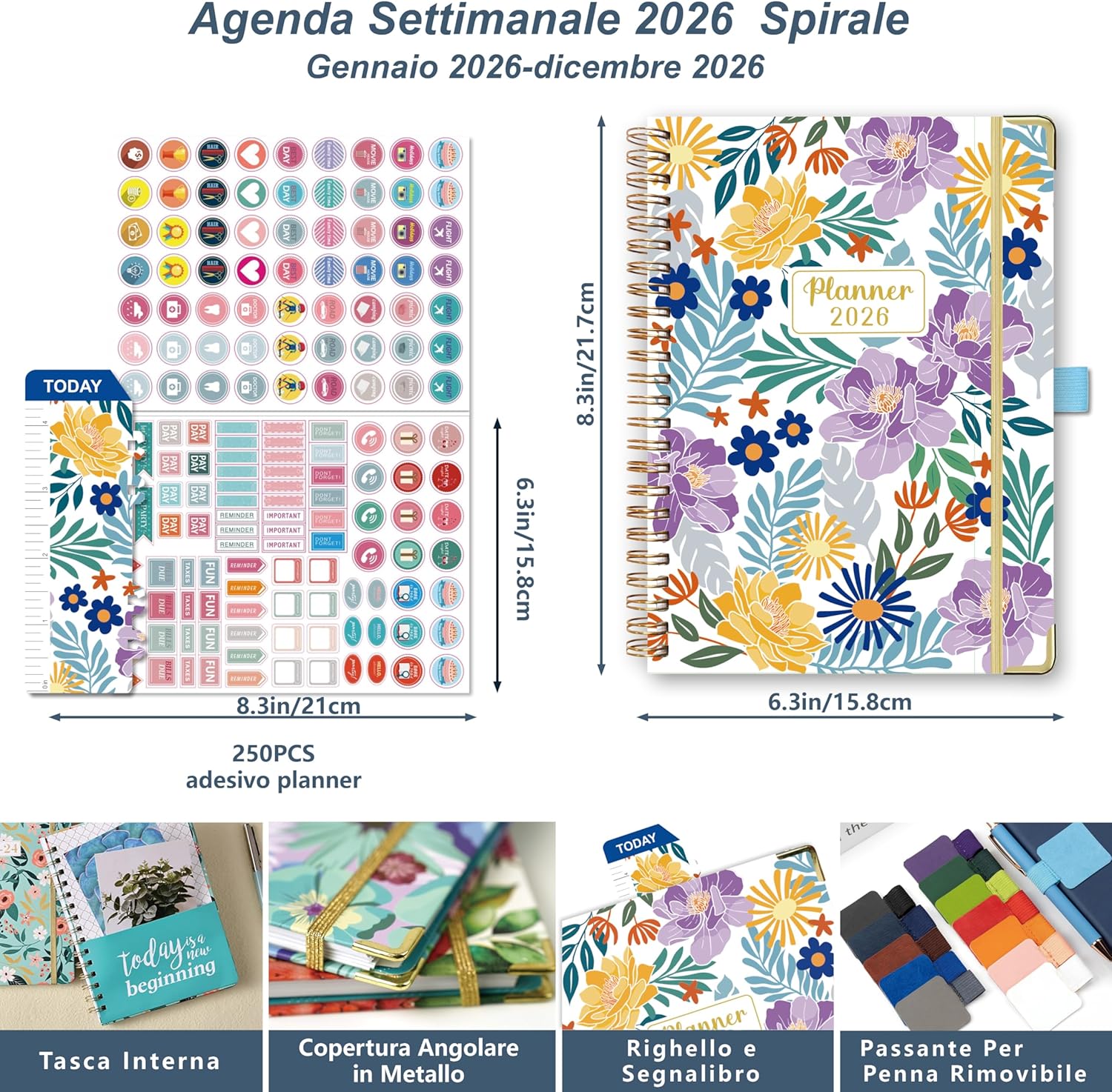Detalle 2 de Gumiho Agenda 2026 Settimanale Spiral A5 (gennaio–dicembre 2026) con passante per la penna, segnalibro righello e adesivi – viola