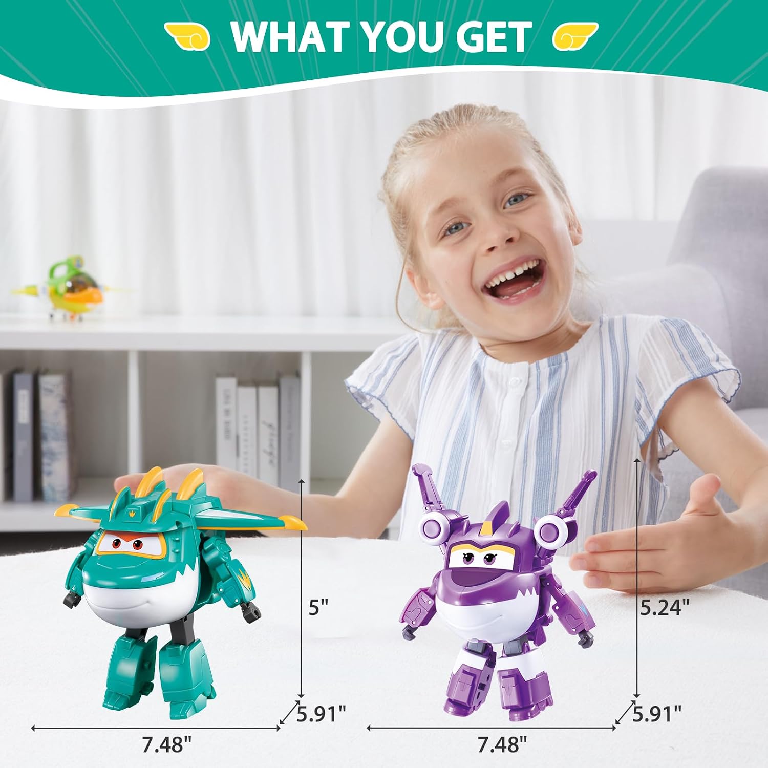 Detalle de Super Wings Dinosaurier 2er-Set Tino & Sally (12,7 cm) – 2-in-1 Actionfigur zum Verwandeln ab 3 Jahren, grün & lila