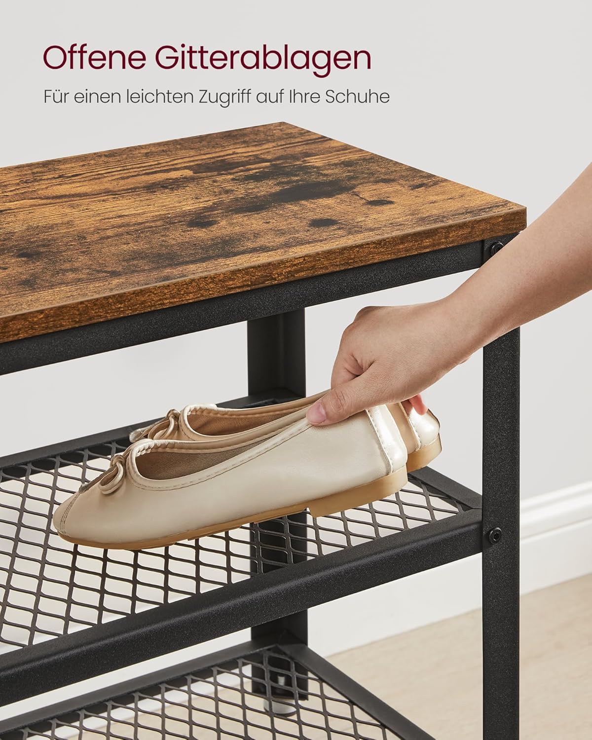 Thumbnail 4 de VASAGLE Schuhbank LBS73X – Schuhregal mit 2 Gitterablagen, 30 x 73 x 45 cm, industriell vintagebraun-schwarz