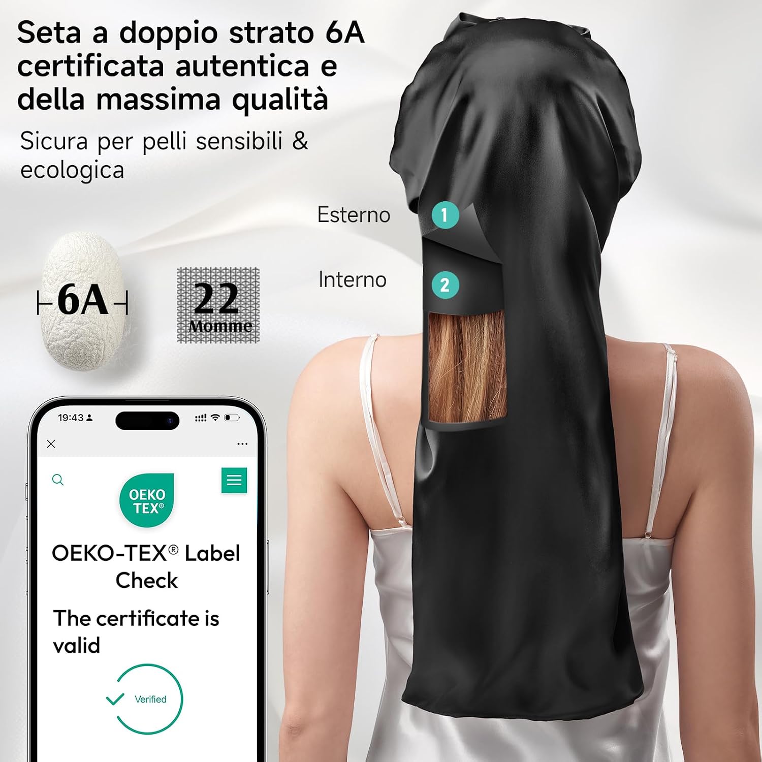 Detalle de Umisleep 22 Momme: cuffia in seta di gelso doppiamente rifinita per capelli voluminosi
