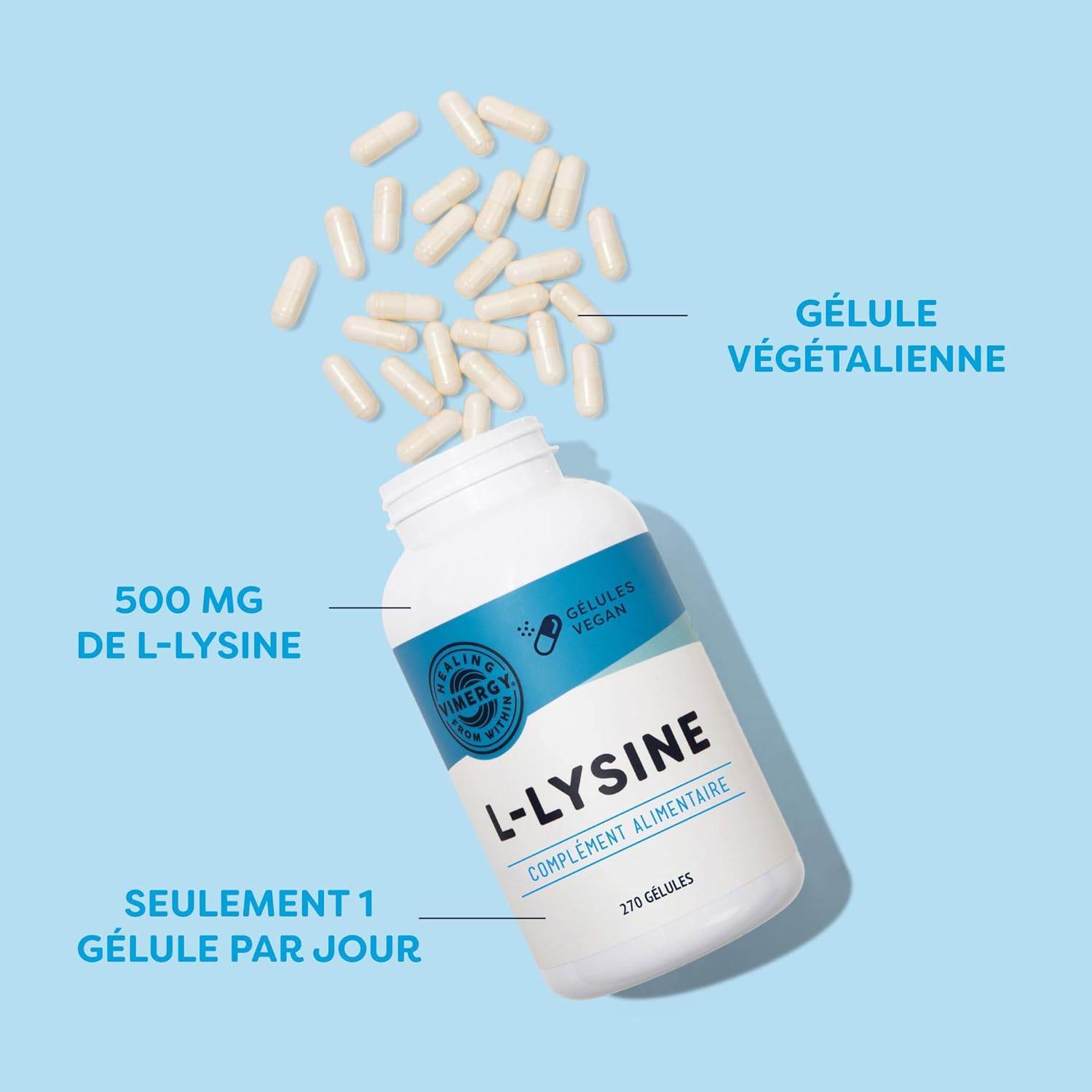 Detalle de Vimergy L-Lysine 500 mg — Gélules véganes, 270 portions