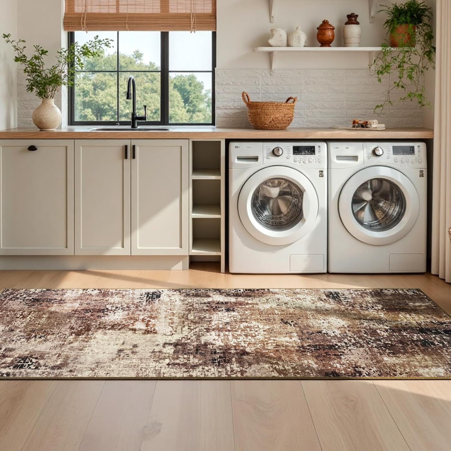 Thumbnail 4 de 2x6 Brown Rug Runners for Hallways and Kitchen - Non Slip, Washable Abstract Runner with Rubber Backing