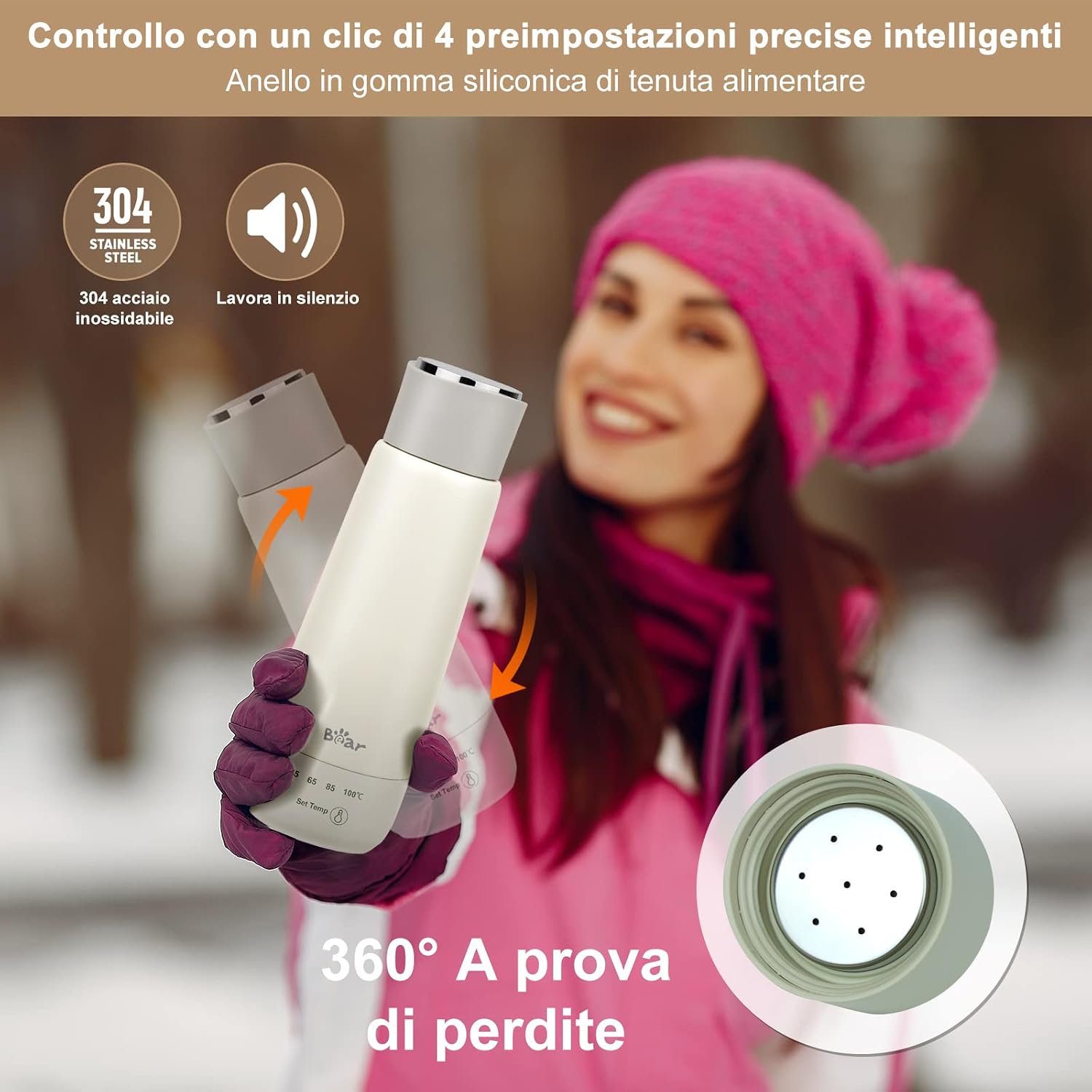 Detalle de Bear 300 Ml 4-Temperature Bollitore Elettrico: 3-in-1 per viaggi e casa