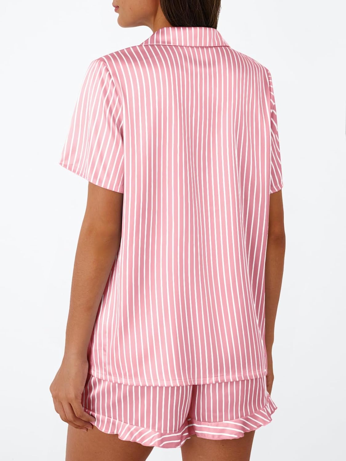Detalle 2 de LILLUSORY Women’s Satin Silk Pajamas Set (2-Piece Ruffle Ruffle PJs) — Button-Down Top & Shorts