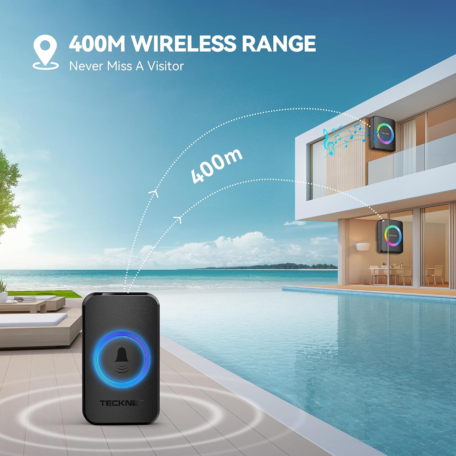 Thumbnail 4 de TECKNET Wireless Doorbell with 2 Receivers (1300ft) – IP65 Waterproof Plug-in Doorbell, 120dB Loud, RGB Light