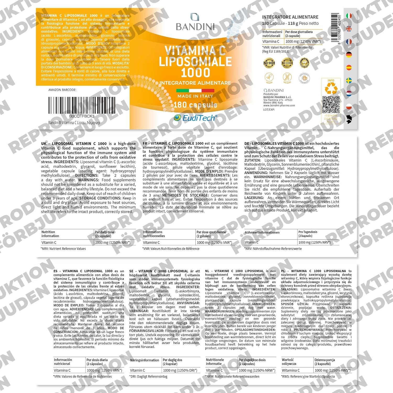 Detalle de BANDINI Liposomal Vitamin C – 1 000 mg, 180 veganska kapslar