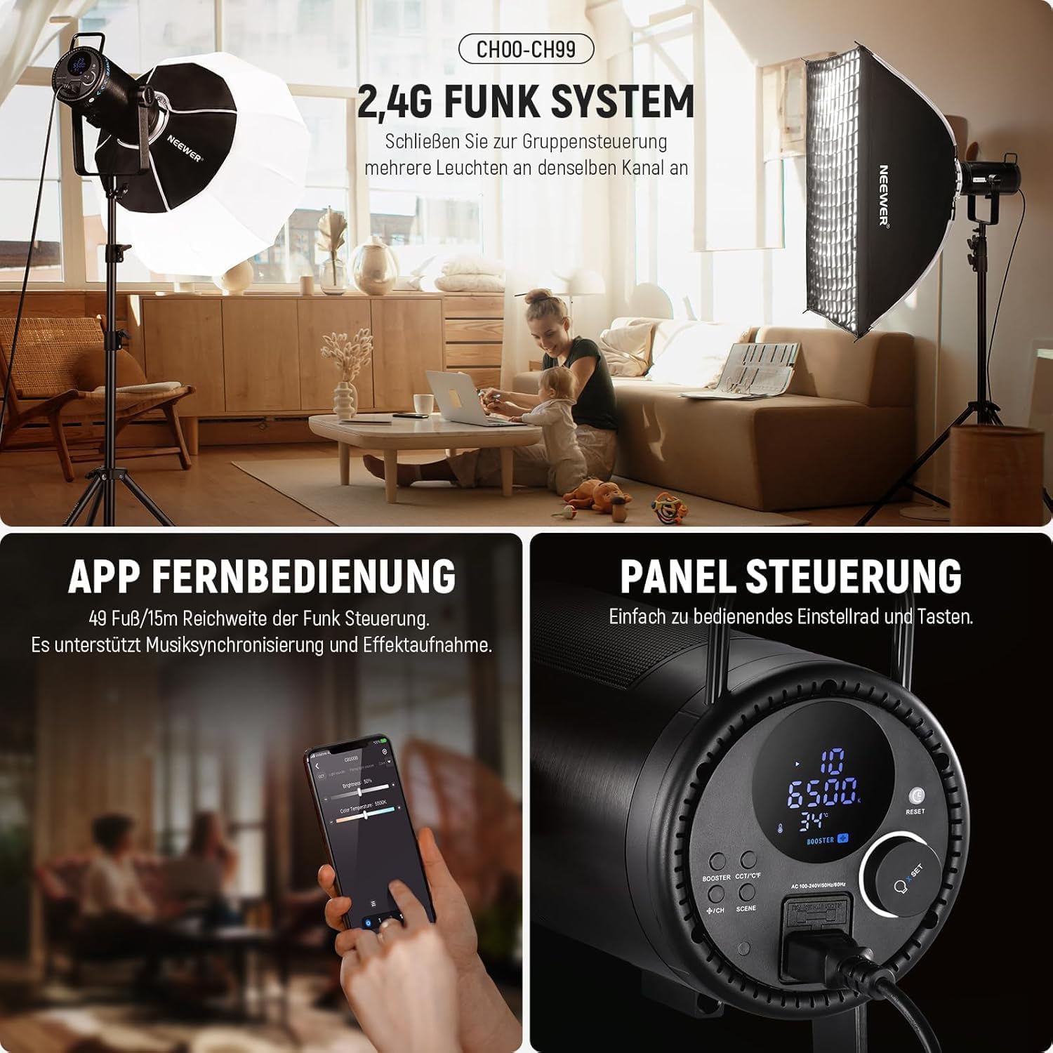 Thumbnail 6 de NEEWER CB300B 320W COB Videoleuchte mit 2,4G/APP-Fernbedienung und Bowens-Halterung