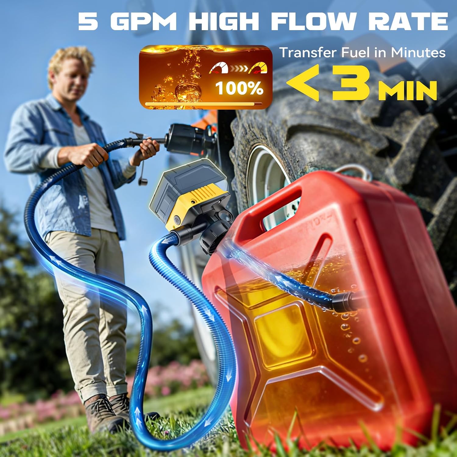 Detalle de DIYtoolifz 5 GPM Cordless Fuel Transfer Pump with Auto Stop, Beep Alert, and Multi-Voltage Compatibility