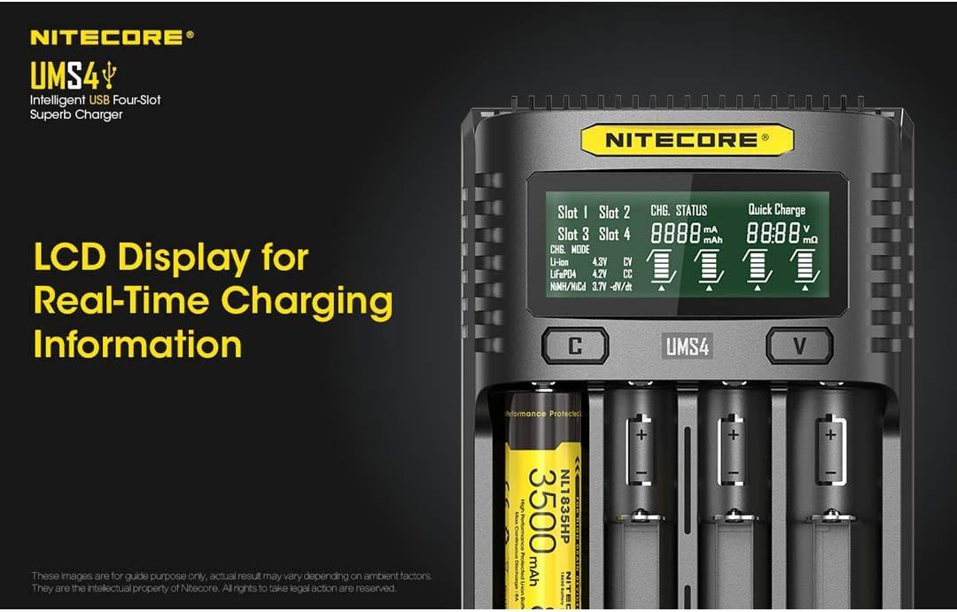 Detalle de Nitecore UMS4 USB-batterijlader met vier laadpoorten en maximaal 3000 mA