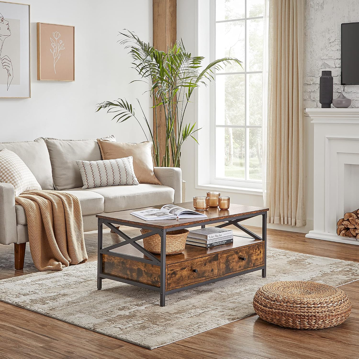 Detalle de VASAGLE LCT201B01 Coffee Table, 2 Drawers, Steel X-Frame, Rustic Brown and Black