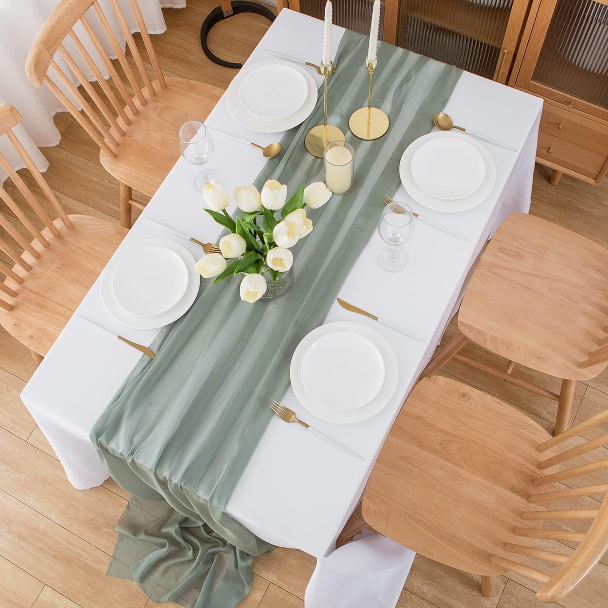 Detalle 2 de CHUQING Chiffon-Tischläufer salbeigrün 70 x 300 cm für Hochzeit, Events & Deko