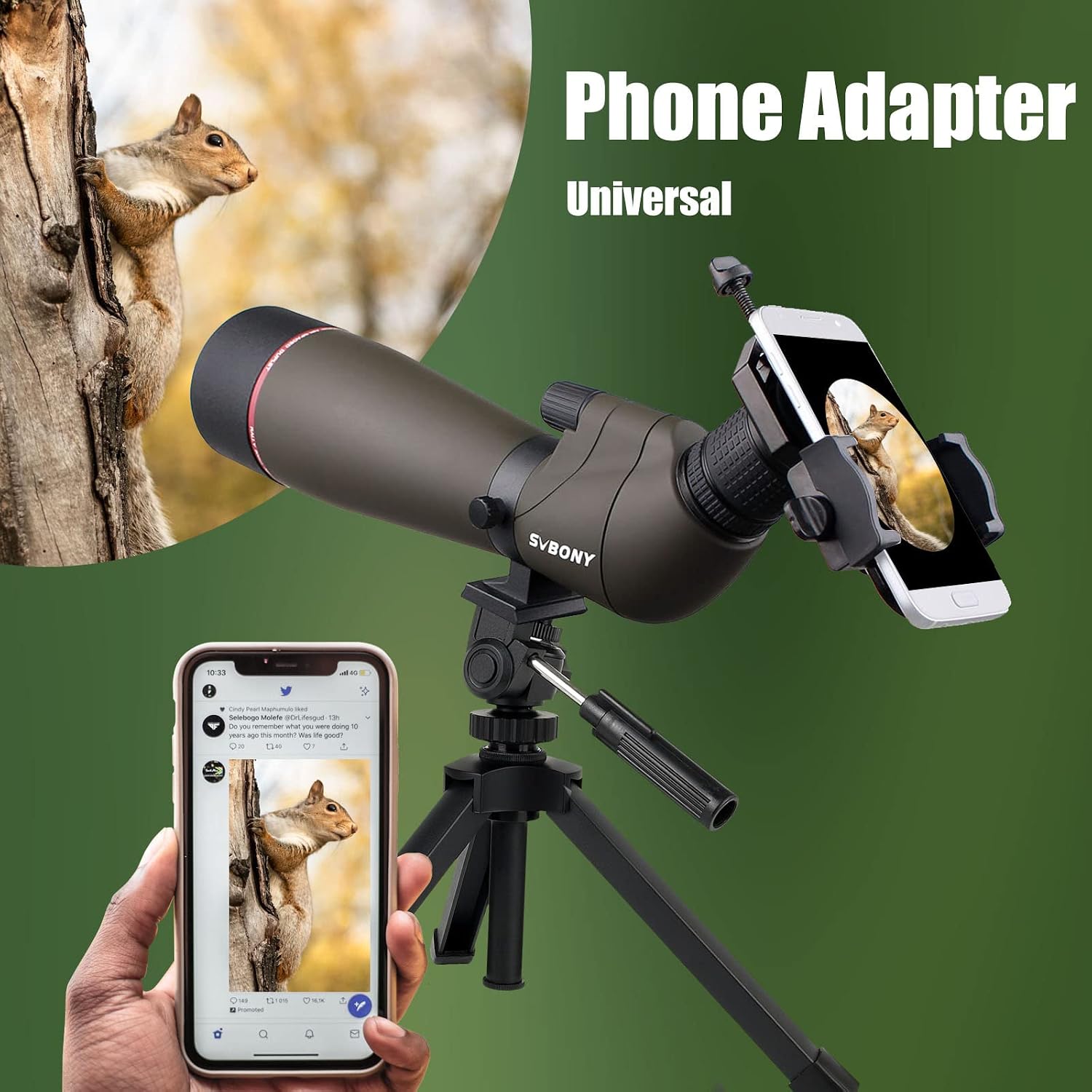 Detalle de Svbony SV13 20-60x80 con treppiede da tavolo e adattatore per smartphone (IPX7) per birdwatching