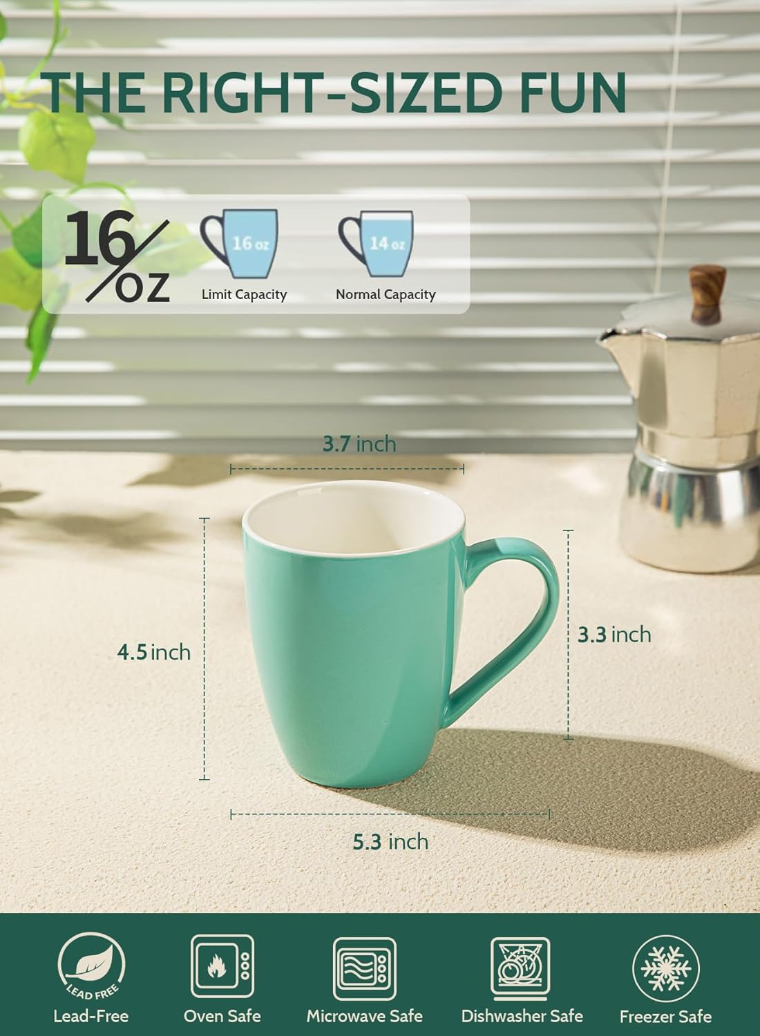 Detalle de Sweese Porcelain Coffee Mugs, 16 oz Set of 6 (Lead-Free) for Latte, Hot Tea, Cappuccino & More