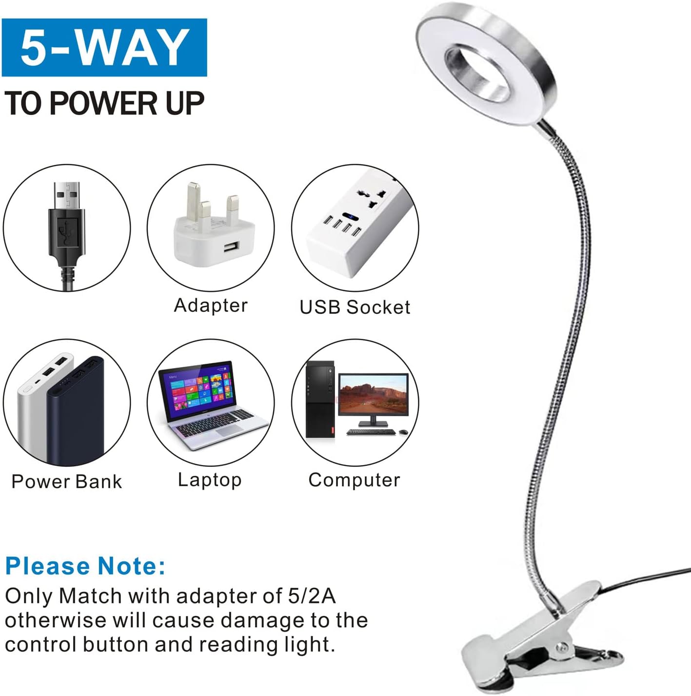 Detalle 2 de KNAMKY USB LED Desk Lamp Clip-On Reading Light
