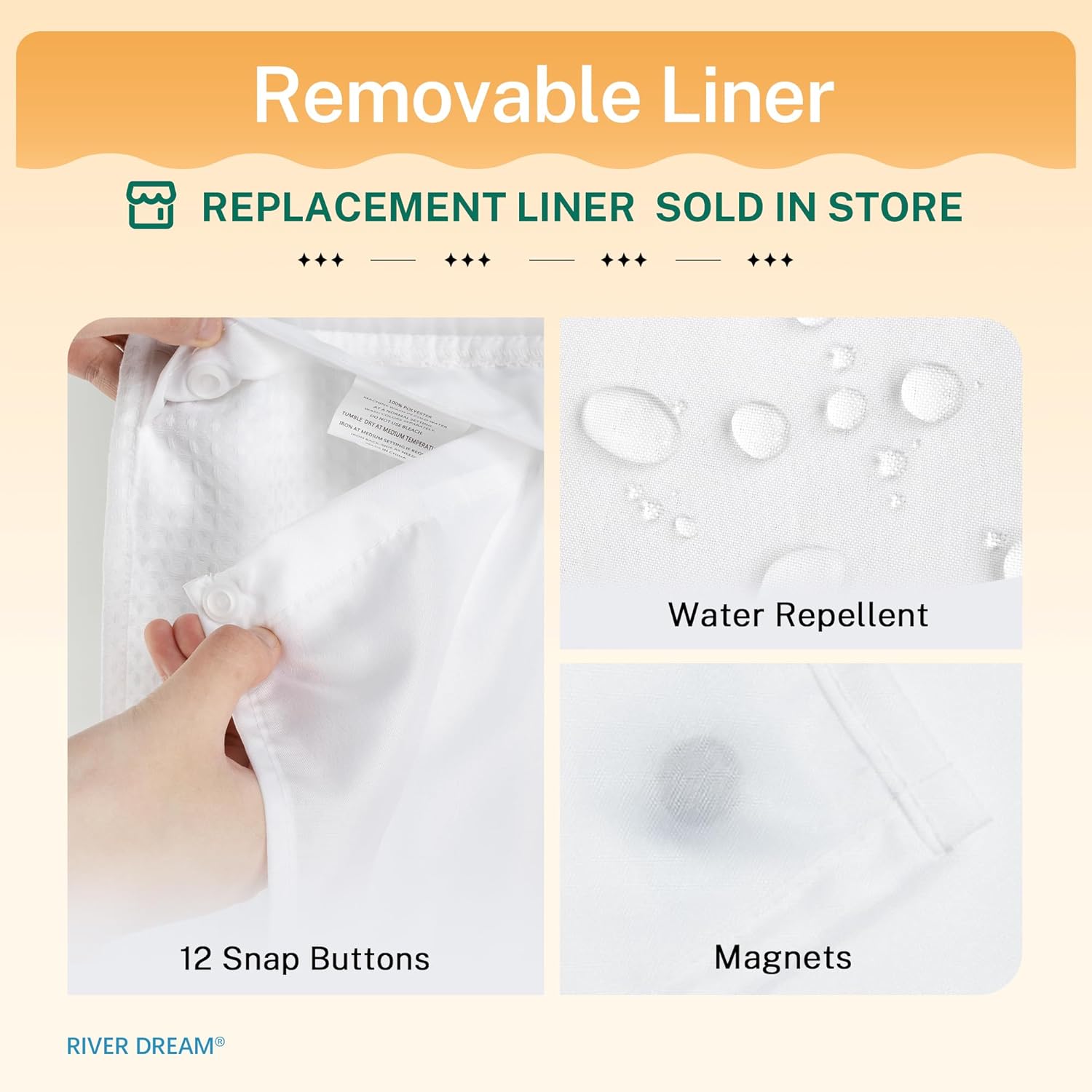 Thumbnail 3 de River Dream Heavyweight No-Hooks-Required Dotted Waffle Weave Shower Curtain with Snap-In Liner (White)