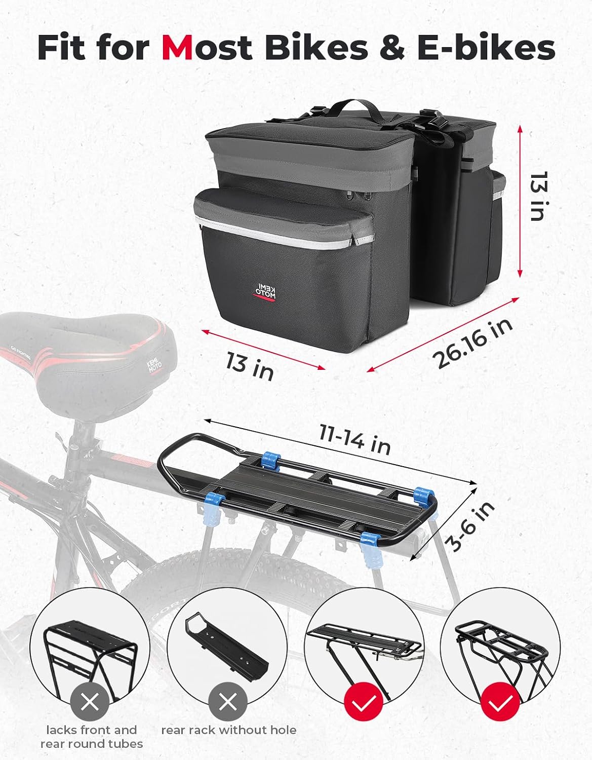 Detalle de KEMIMOTO 34L Bike Panniers with Rain Cover, 600D PVC, Gray