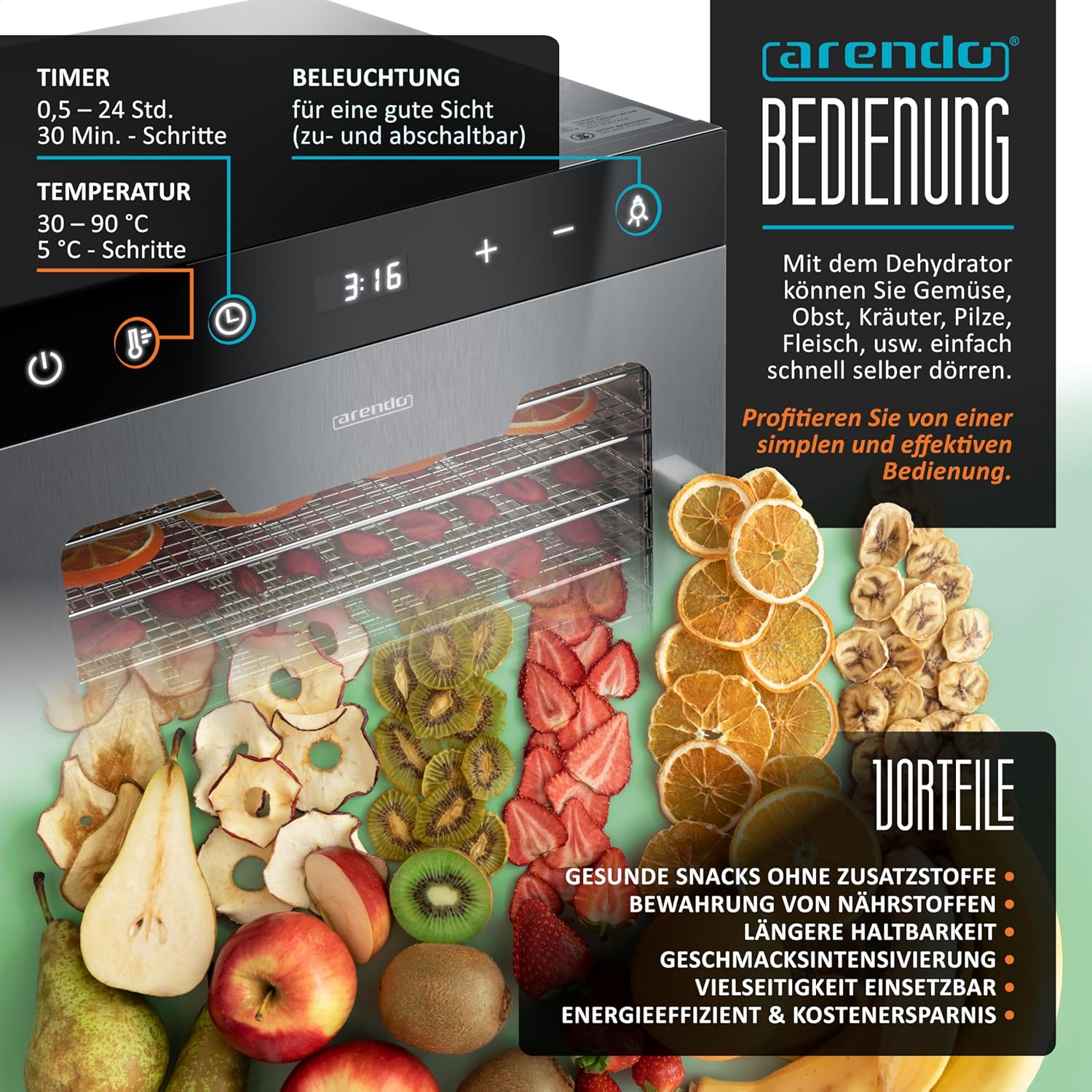 Detalle 2 de Arendo Dörrautomat Edelstahl 800 W für Obst