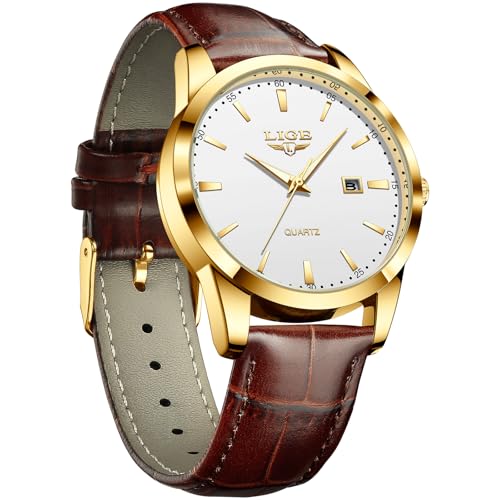 Thumbnail 8 de LIGE Mens Watches Waterproof Analogue Vintage Quartz with Date, Brown Leather – Gold/White