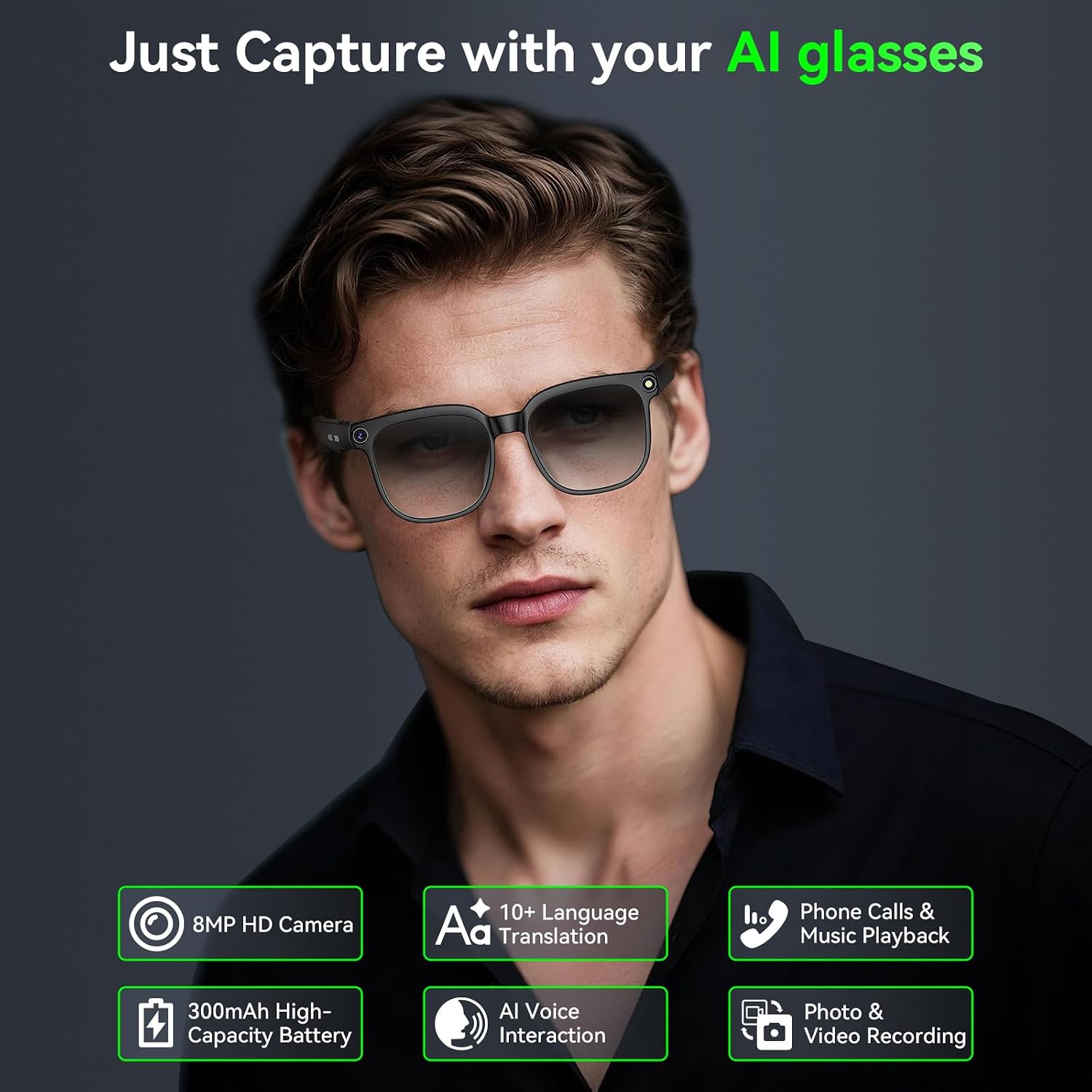 Detalle 2 de AI Smart Glasses with 8MP Camera, AI Object Recognition and Real-Time Translation