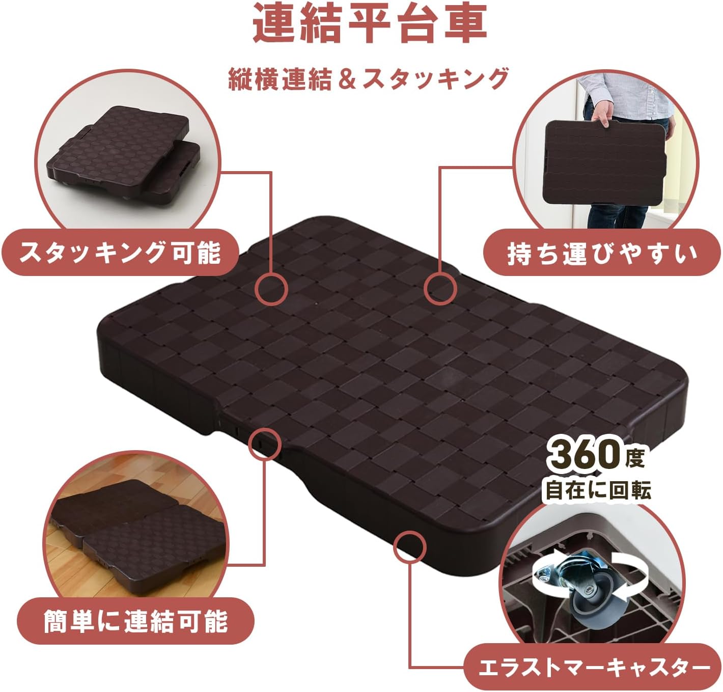 Detalle de 山善 HCL-E38(DB)X2 家庭用平台車 2台組・耐荷重50kg・連結機能付き