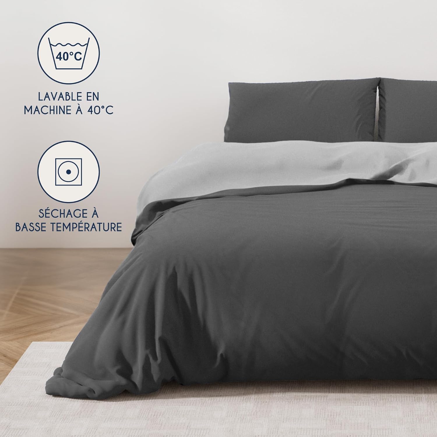 Thumbnail 4 de Dreamzie Parure de lit 240x220 cm en microfibre (grande housse + 2 taies 65x65) gris foncé/gris clair