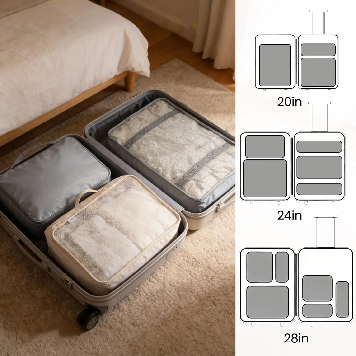 Thumbnail 6 de 14-teilige Zweifarbige Koffer Organizer – Ordnung im Gepäck mit 14 Teilen in Schwarz & Beige
