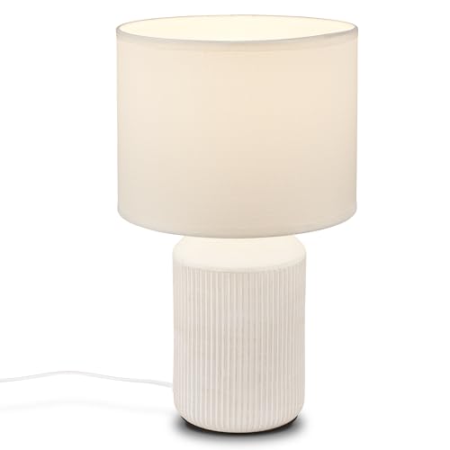 Detalle de BRILONER Tischlampe mit Stoffschirm und Keramikfuß – 22 x 37,5 cm, Weiß