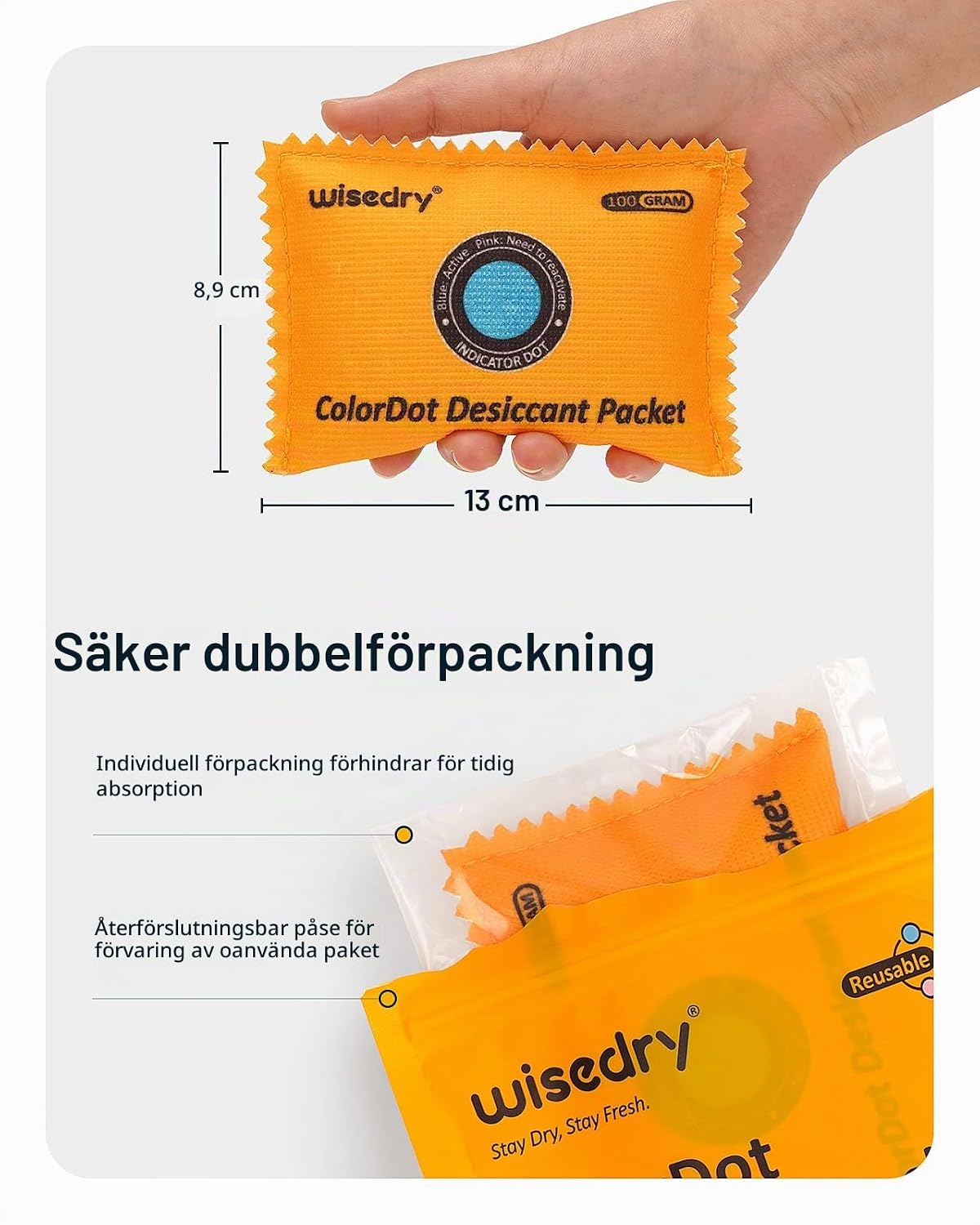Detalle 2 de wisedry 100 g kiselgelpåsar med färgindikator, uppladdningsbara
