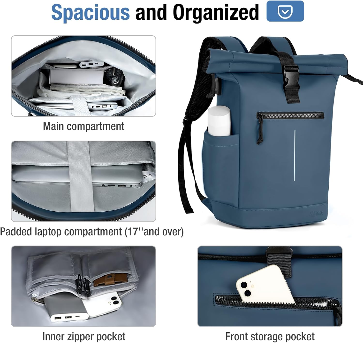 Thumbnail 3 de Lekeinchi Waterproof Laptop Backpack for Men and Women – Blue (Roll Top, 24–30L)