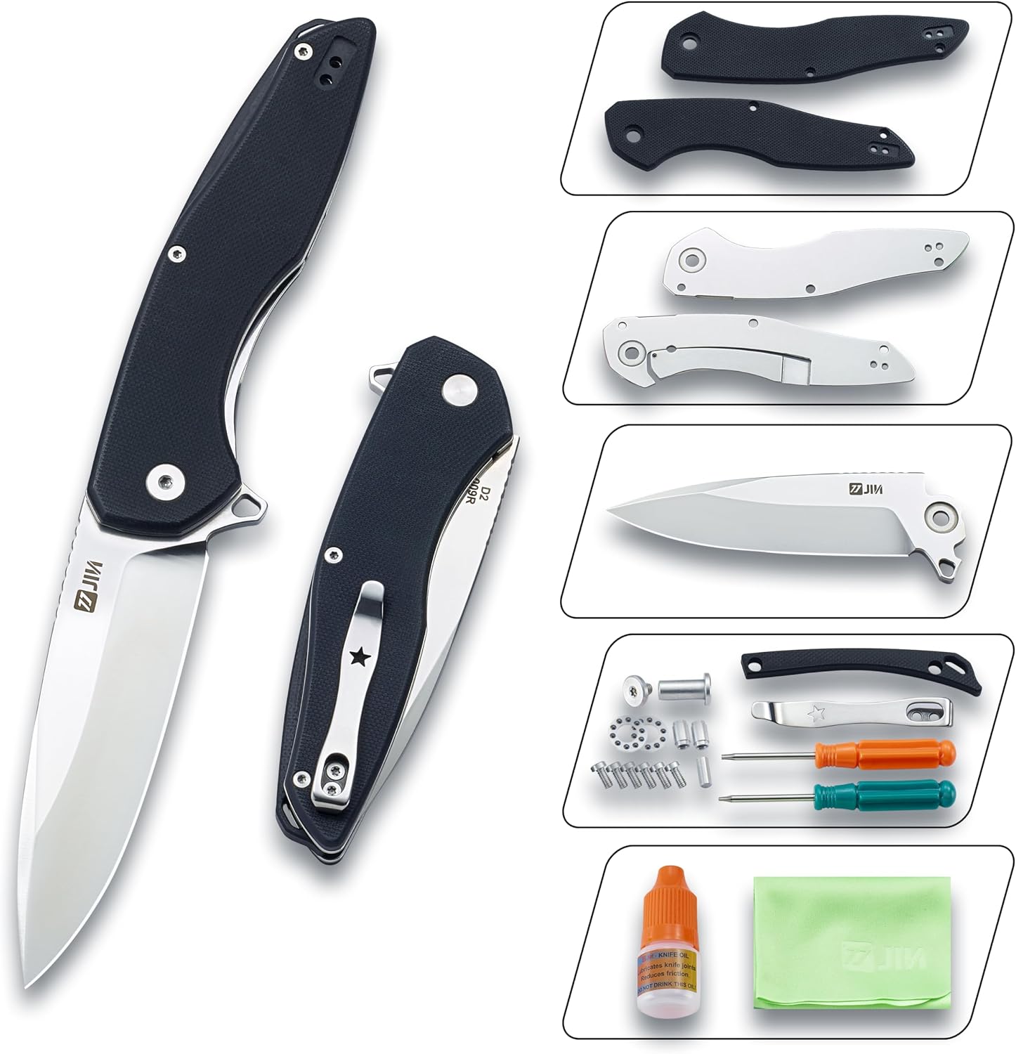 Detalle de JIN JIN-009RBK Folding Pocket Knife, 3.5-Inch D2 Blade, Black G10 Handle