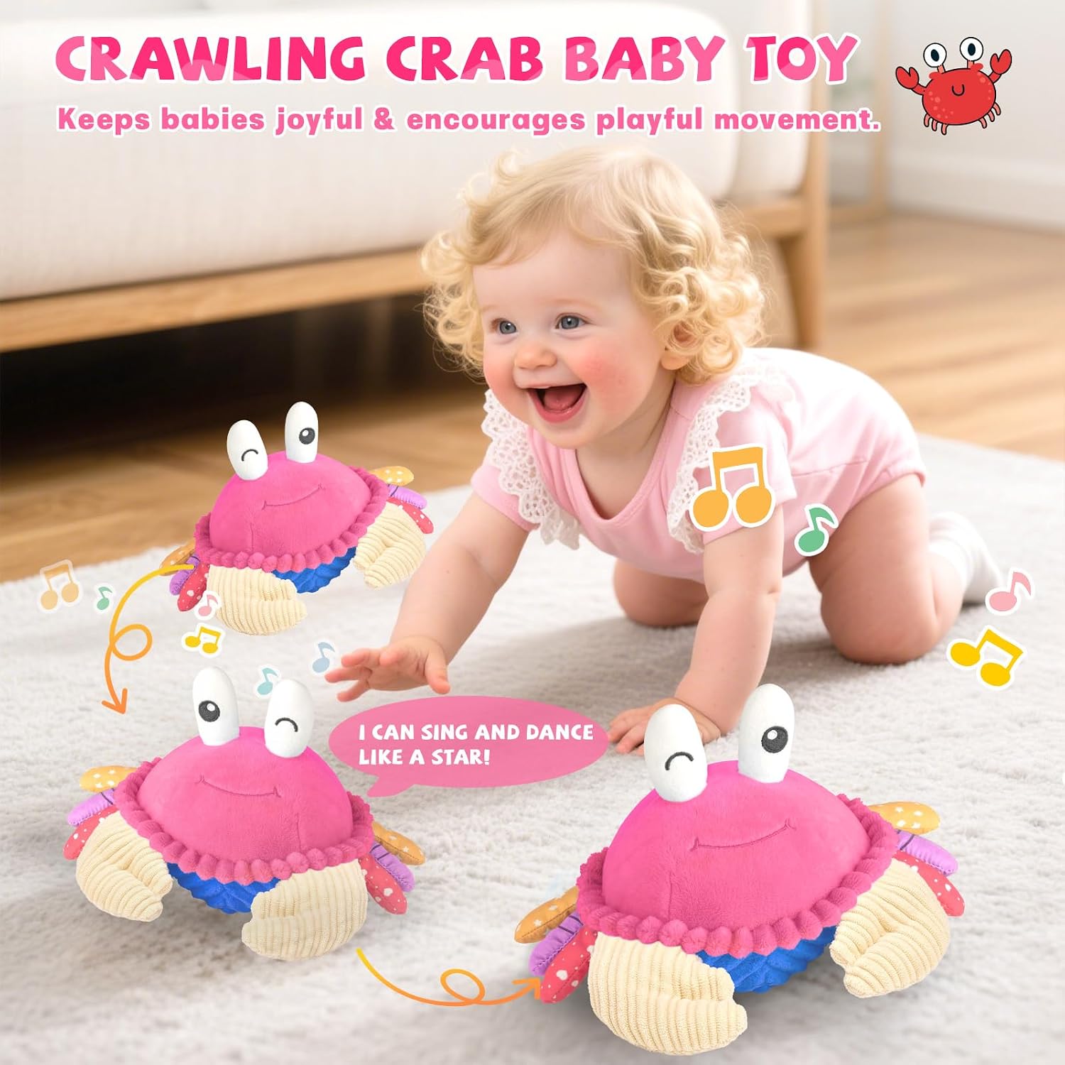 Detalle de SAIMAND Dancing Crab Baby Toys (6–12 months) Musical Crawling Crab with Music, Record & Replay – Pink
