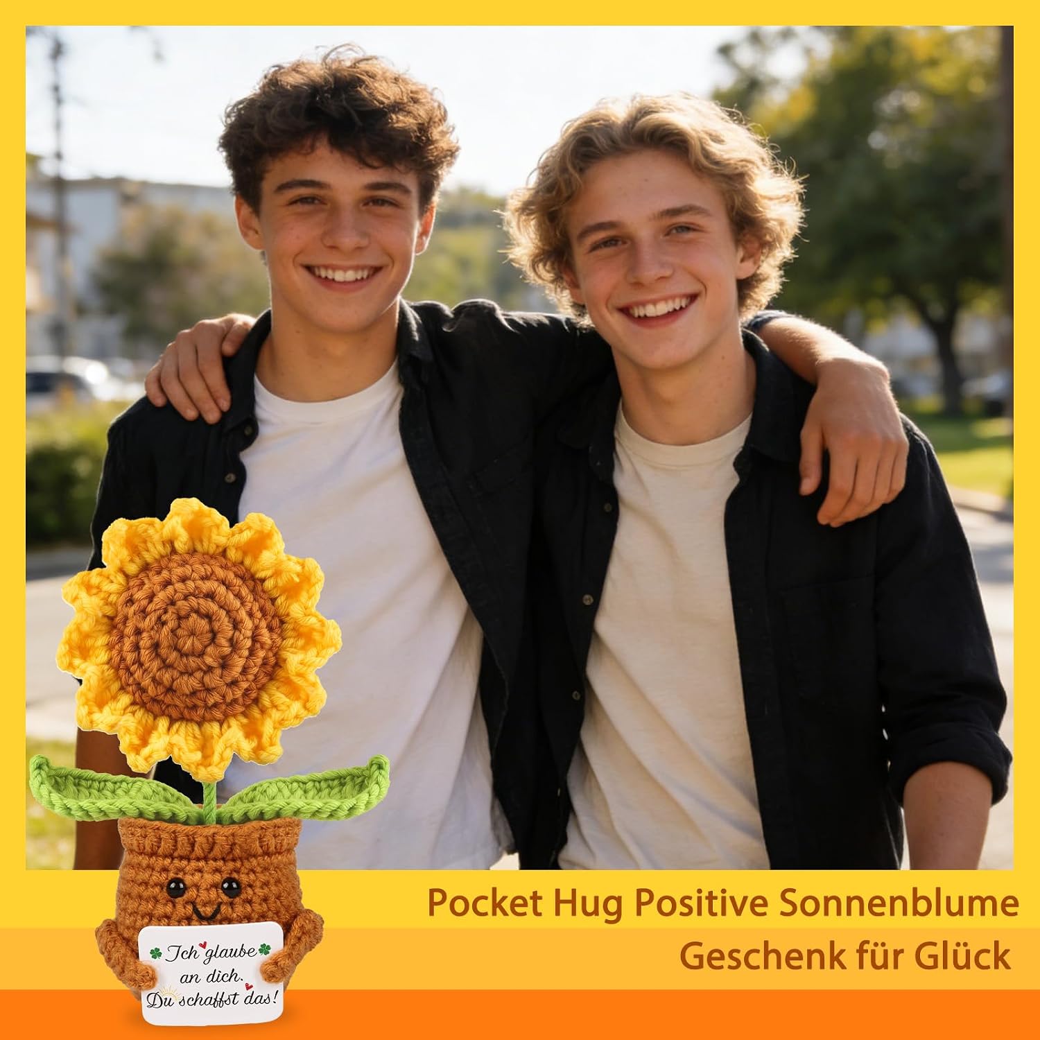 Detalle 2 de WenmthG Positive Sonnenblume Pocket Hug – gestrickter Glücksbringer als kleines Mutmacher-Geschenk
