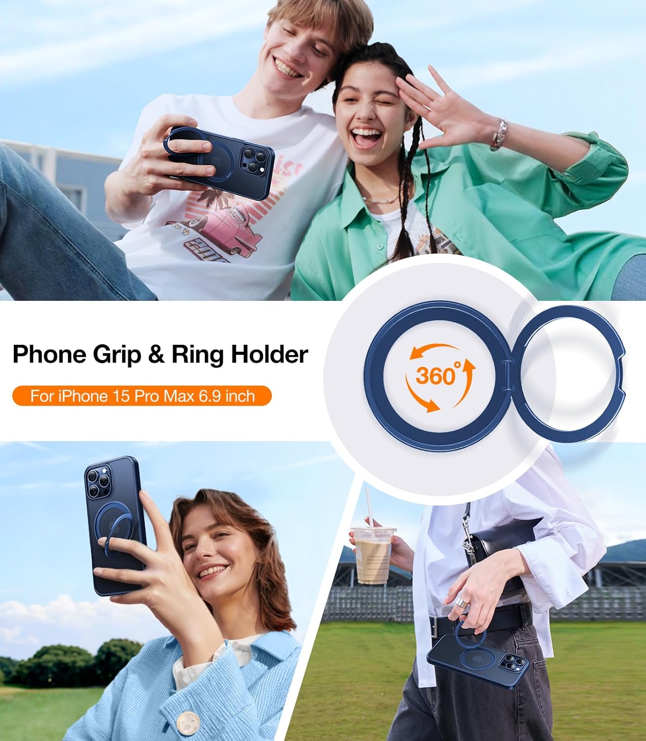 Detalle de TORRAS Upgraded 360 Rotatable Magnetic Ring for iPhone 15 Pro Max Case with MagSafe Stand