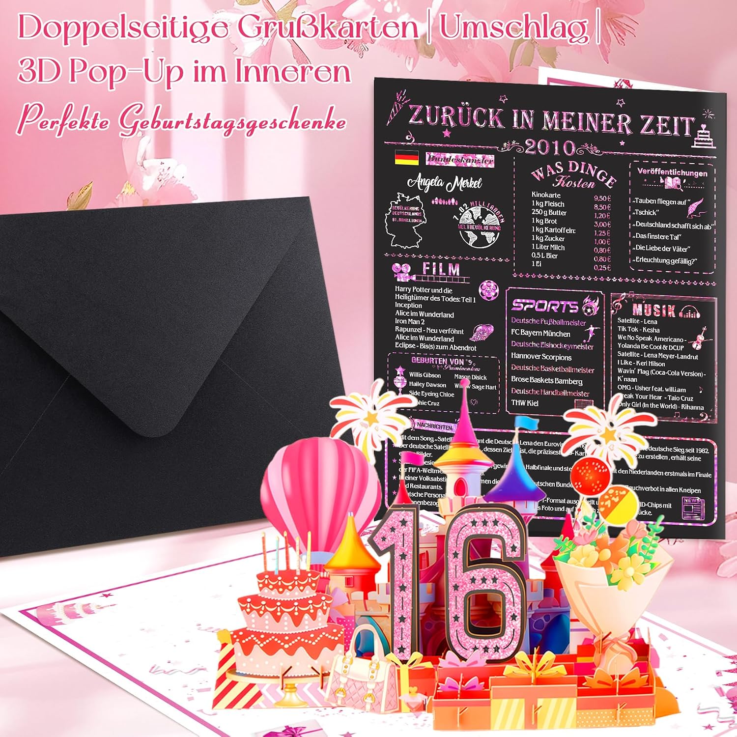 Detalle de OLOSONG Geburtstagskarte zum 16. Geburtstag – 3D Pop-up Karte mit „16“, Roségold-Optik, Umschlag